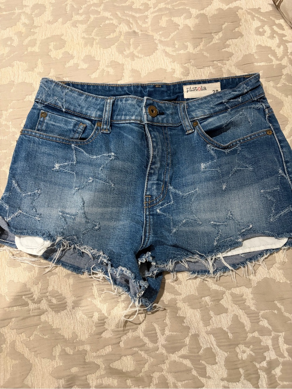 pistola Distressed Frayed Hem Mid-Blue Denim Shorts